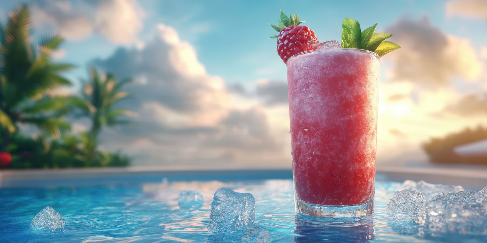 Refreshing summer cocktail served poolside at sunset with vibrant colors and tropical setting